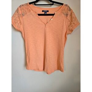 Chaps Women's Top Peach Lace Sleeve Button Detail Casual Blouse
